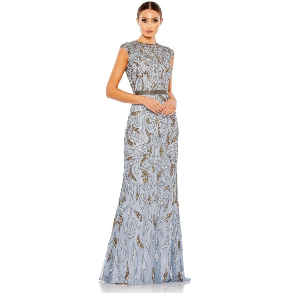 Mac Duggal Embellished Illusion Cap Sleeve‎ Column Gown Platinum Gold Sz 8 NWT